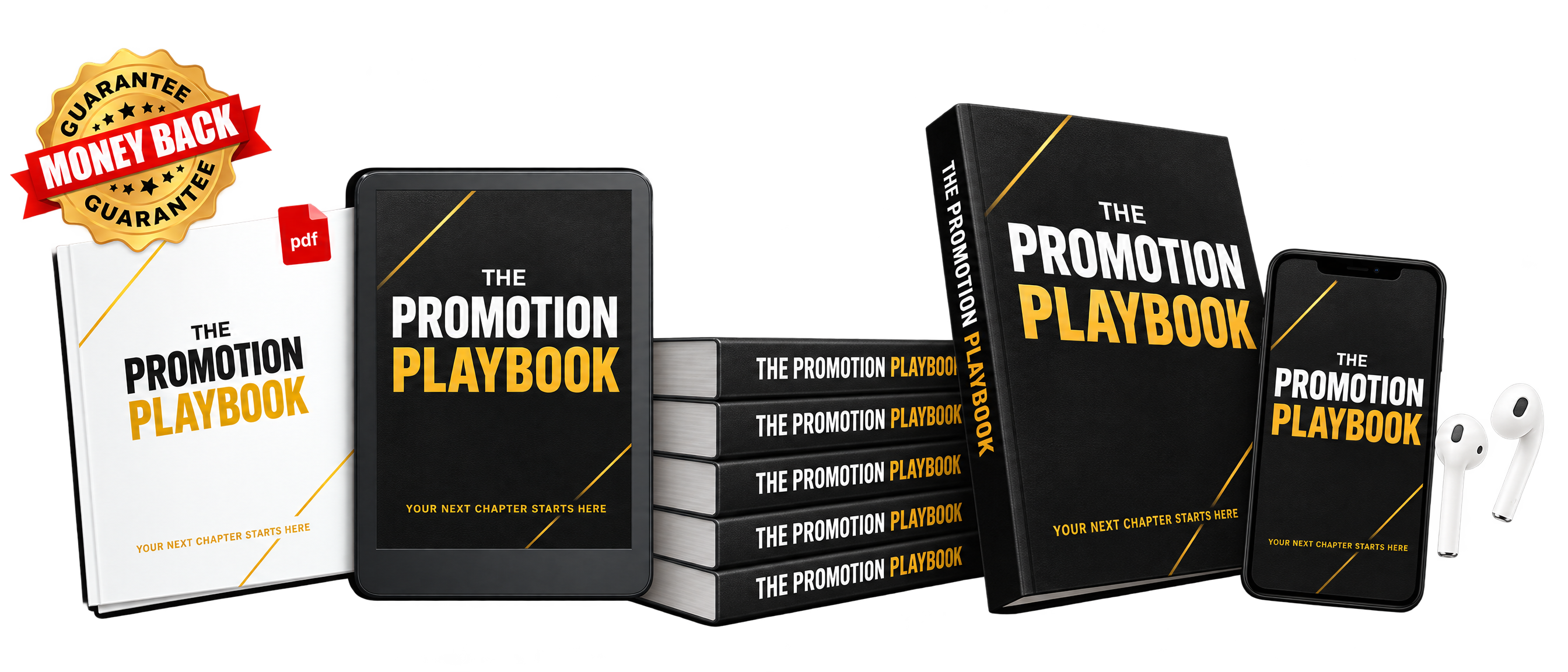 The Promotion Playbook mock-up with guarantee badge, tablet, stacked books, phone, and booklet